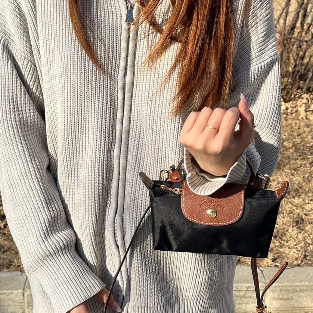 Longchamp Mini Le Pliage Navy Canvas Crossbody Tote Bag Brown Leather Trim - Picture 3 of 5